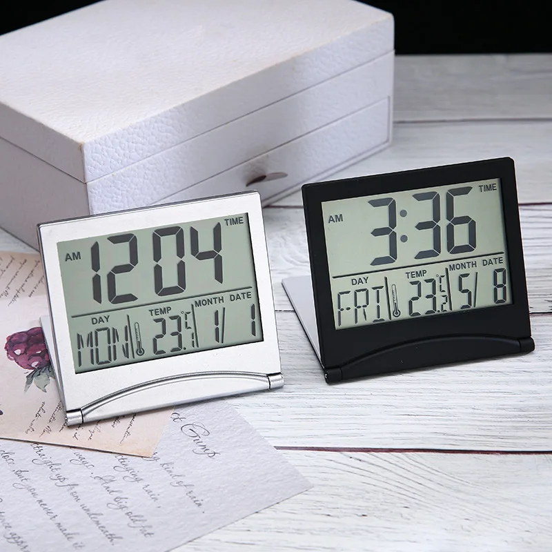 Electronic Desk Clock, Digital Date Temperature Alarm Clock Simple and Convenient Ultra-thin Folding Travel Clock