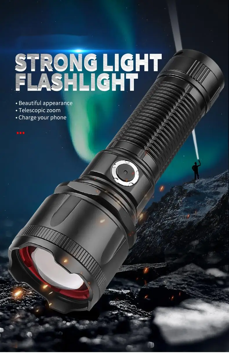 Outdoor Lights Wide Beam Range 5000 Lumen P160 High Power Led Flashlight Zoomable Head