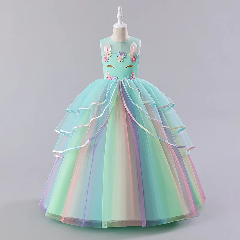 Kids Unicorn Girl dresses Flower Appliques Princess Dresses Children Wedding Birthday Party Costume Evening Formal Gown 3