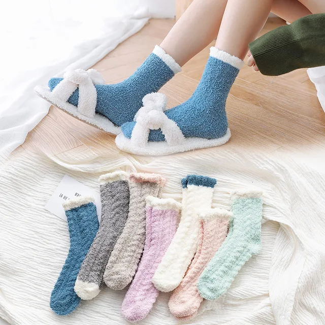 Custom Winter women Thick Terry soft fuzzy socks with logo Coral Soft Breathable Bed Sock High Quality floor Warm Crew Socks