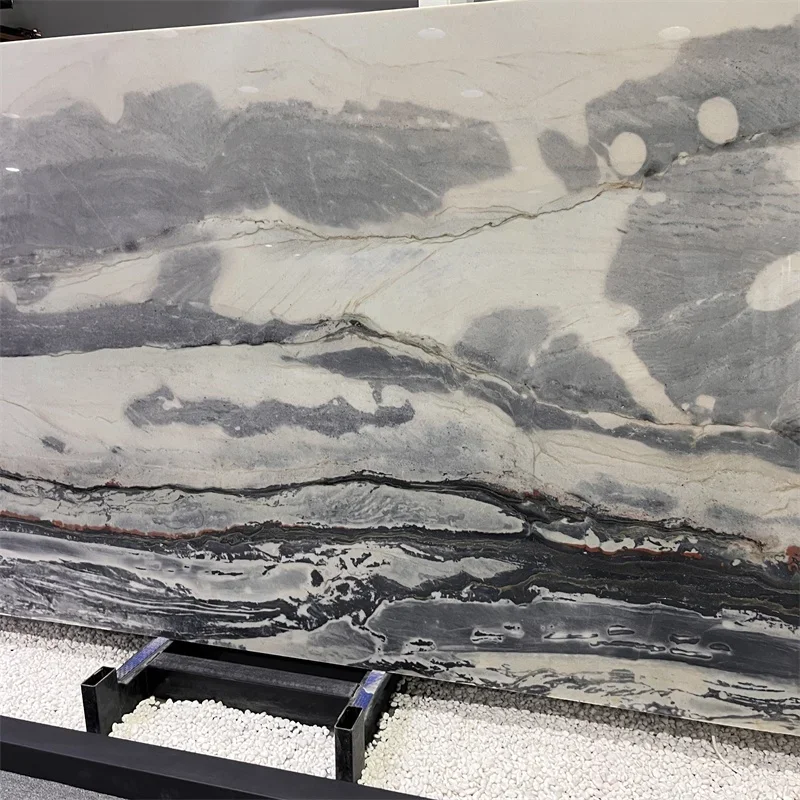 Плити з бразильського кварциту Bethany Blue преміум-класу для дизайну фонових стін, підібрані за методом книжкового зіставлення (bookmatch), екзотичні сині кам’яні плитки