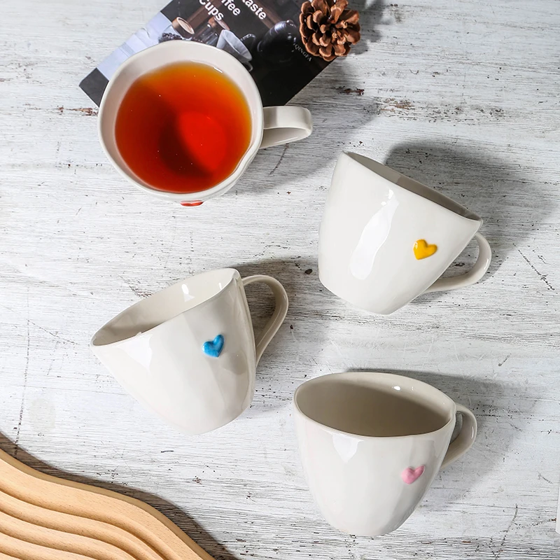 Creative 250ml Handmade Heart Embossed Pottery Milk Cereal Cups Japanese Stoneware Coffee Mug with Handle