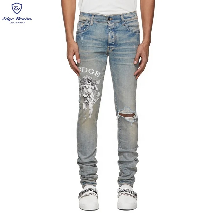 EDGE DENIM Worn Wash Luxury Brand Custom Designer Brand Printed Distressed  Jeans Pants Men