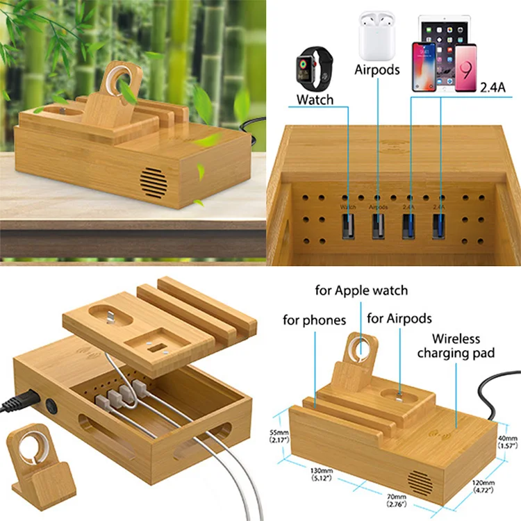 Удобная бамбуковая зарядная станция с 4 USB-портами может использоваться для нескольких устройств
