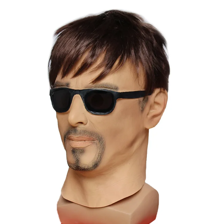 Realistic Man Mask with Wig Latex Human Face With Sunglasses Funny Rubber Masquerade Artificial Human Full Head Party Mask