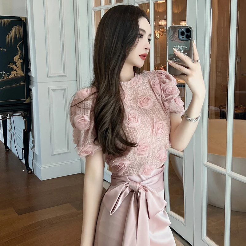 ZYHT 50120 Pink 3D Mseh Rose Flower Stitching Hollow Short Sleeve