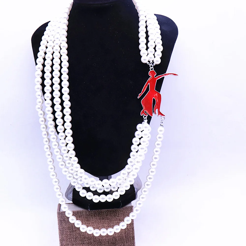Inspired Designer Jewelry Multi Layered Pearl Enamel Red Fortitude Dance Lady Charms Greek Delta Sorority Necklace Women