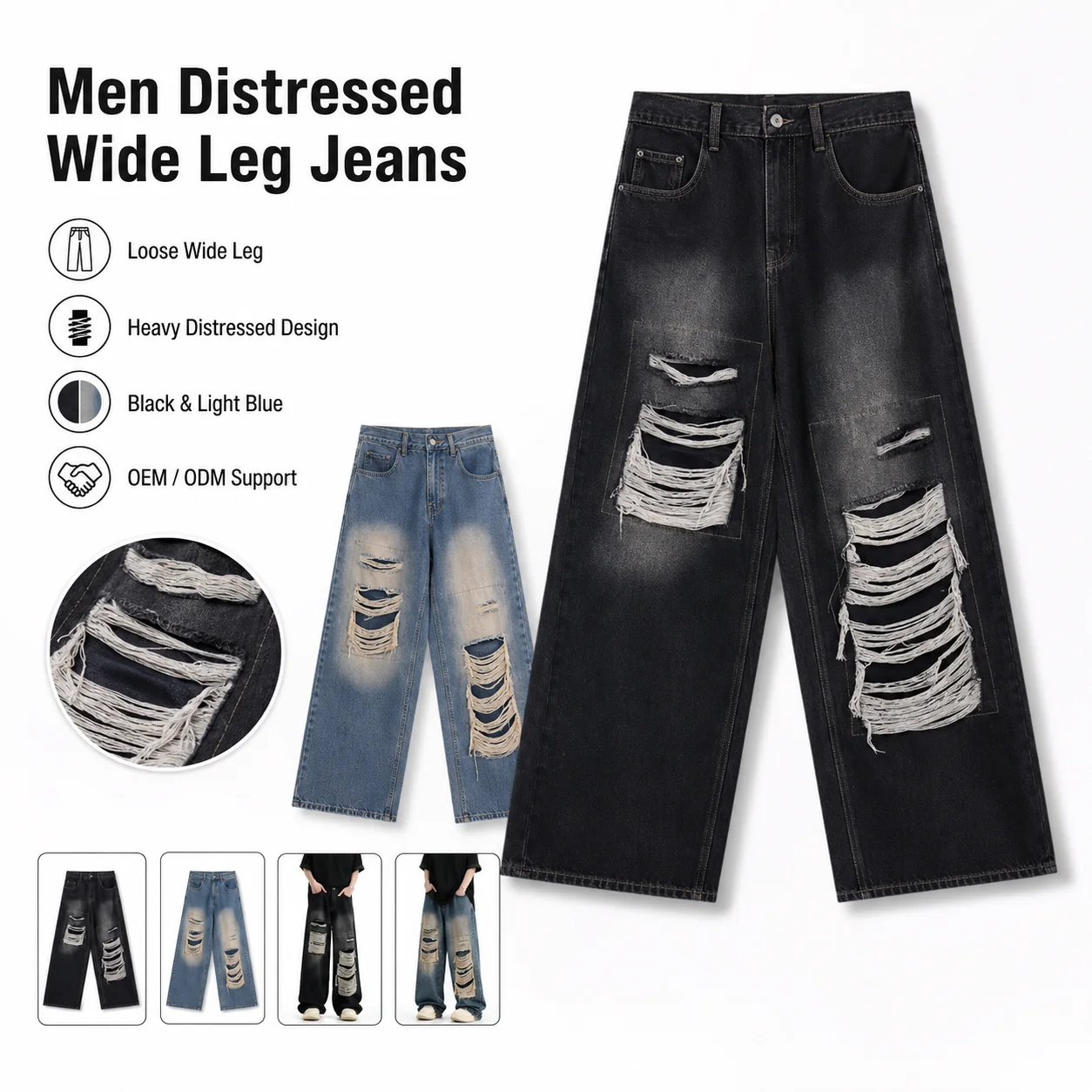 New Arrival Men's Distressed Denim Jeans-Mid Waist Straight Baggy Ripped Casual Pants