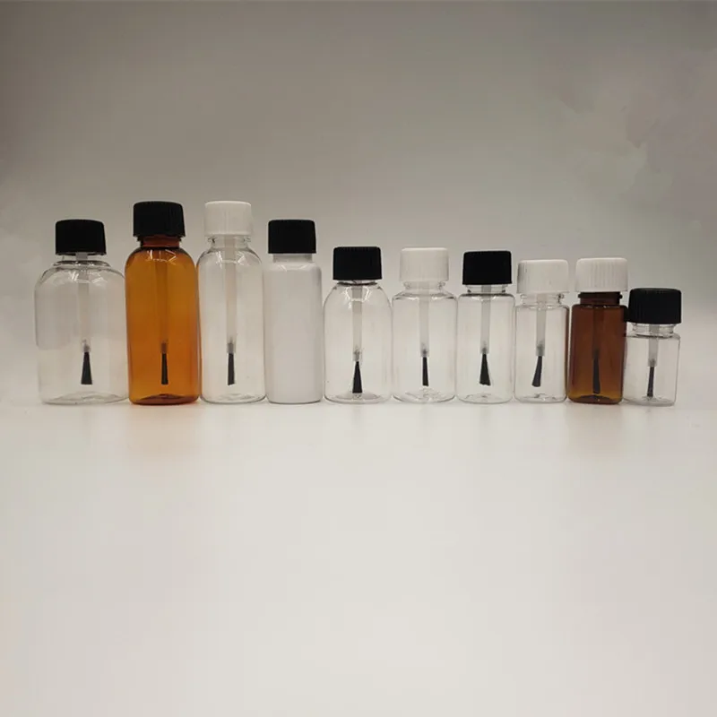 5ml 10ml 15ml 20ml  25ml 30ml 50ml PET Transparent Amber Glue Bottle with Brush Cap Plastic Nail Polish Bottle Touch up Bottle