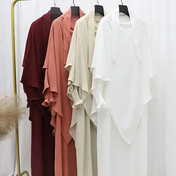Lumin 2025 Vintage Style Lovely Candy Color Crepe Cotton Plain Abaya Set with Hijab Bubble Sleeve Polyester Dress Scarf Plus