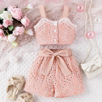 Children's clothing European and American new summer girls' lace sling top + Hollow shorts with belt suit