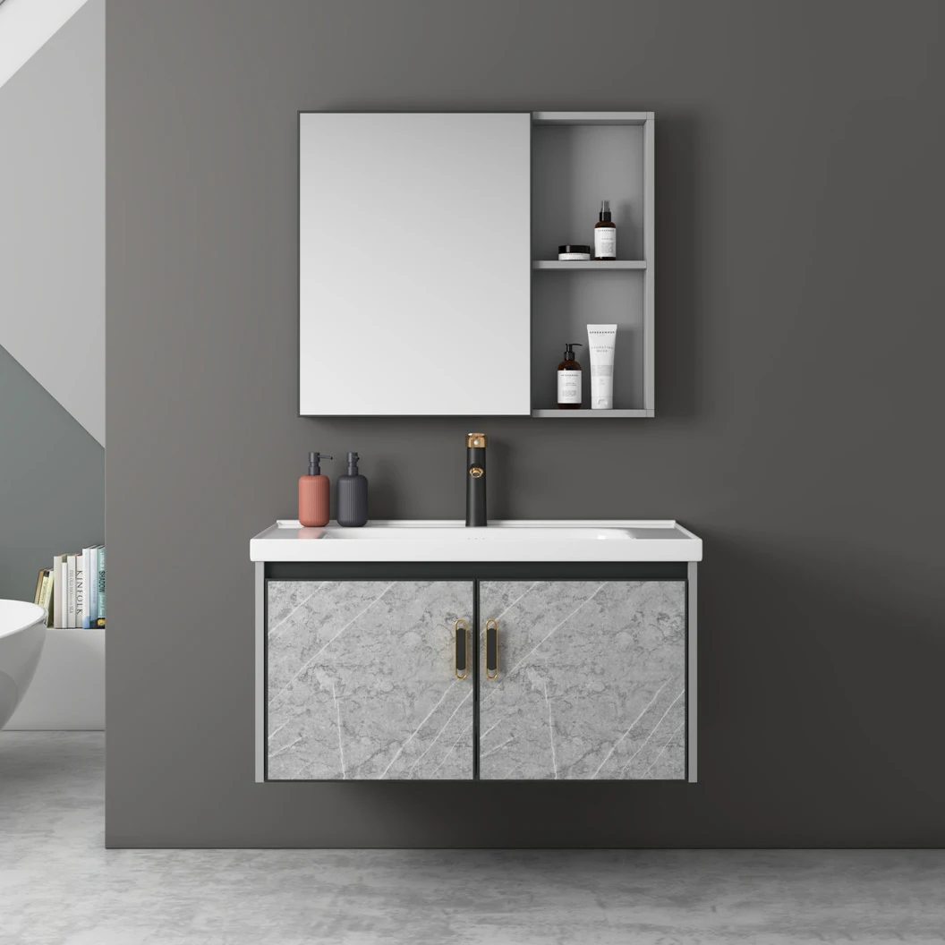 Marble design wholesale cheap modern aluminium floating wall mounted single sink vanity bathroom cabinet manufacture