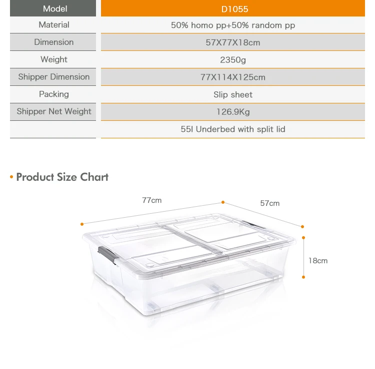 55l Clear Plastic Transparent Underbed Storage Box With Split Lid Buy