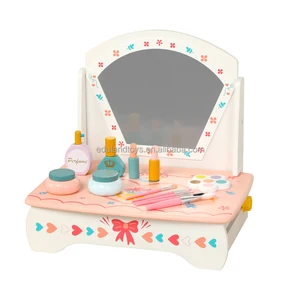 Strawberry Girls Design Wooden Vanity Kids Pretend Play Makeup Toy Mini Children Dressing Table Educational Feature Preschool