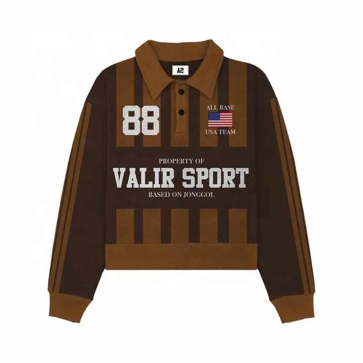 Salati Custom High Quality Logo Button up Printed Cotton Collar Sweat Stripe Vintage Long Sleeve Rugby T Shirt Men's Polo Shirts gallery 3