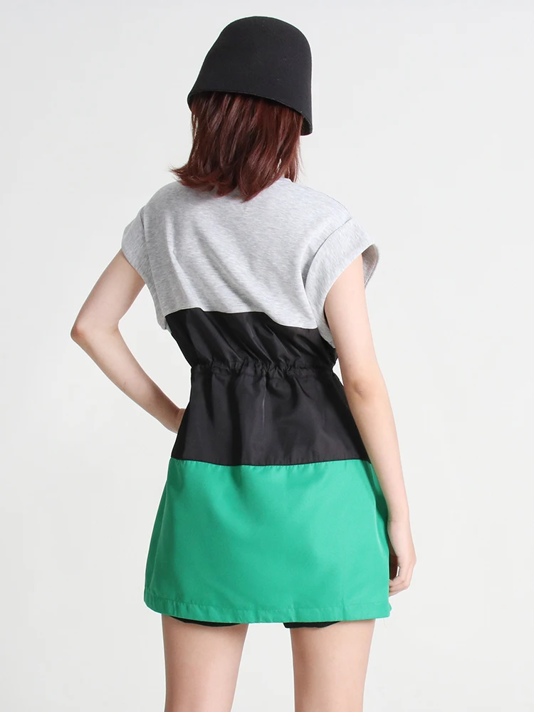 TWOTWINSTYLE Womens Dresses Hit Color Patchwork Drawstring Pleats Sleeveless Mini Dresses 2024