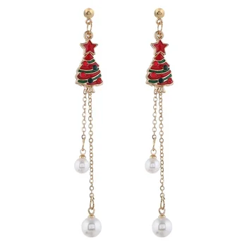 unique cute gift hanging pearl long chain tassel tree stud Christmas bell earrings