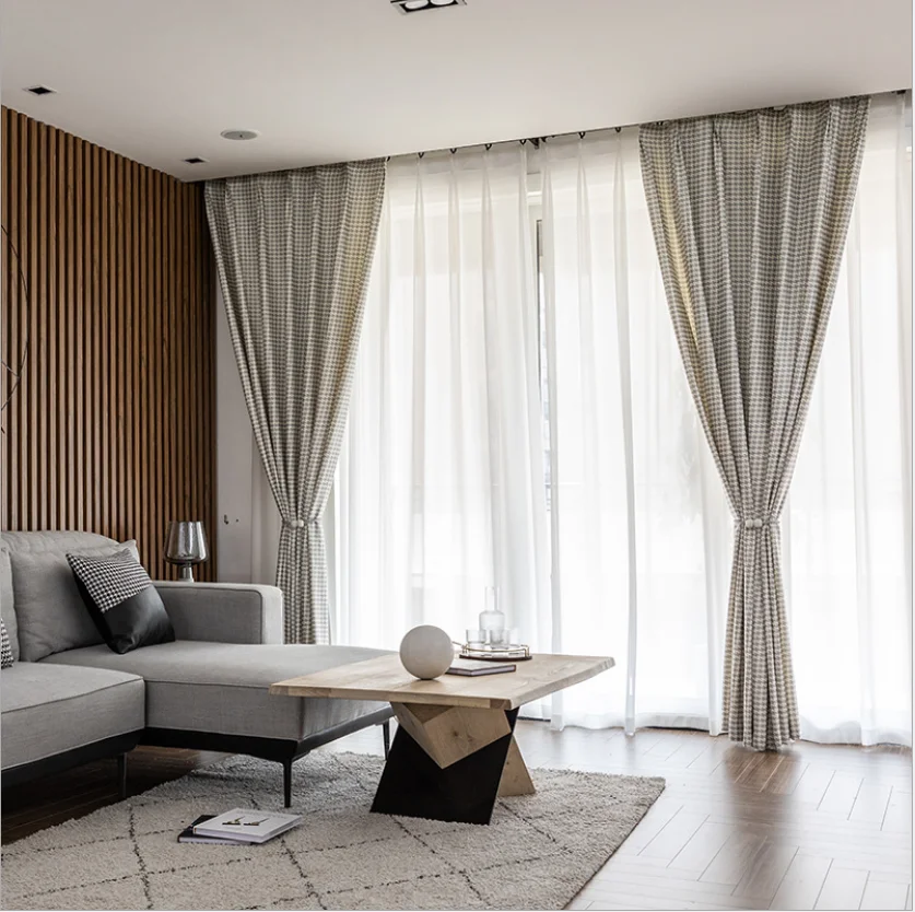 Houndstooth Swallow Gird Printed Linen Material Finished Curtains Cortinas Factory Direct Sales Custom Design