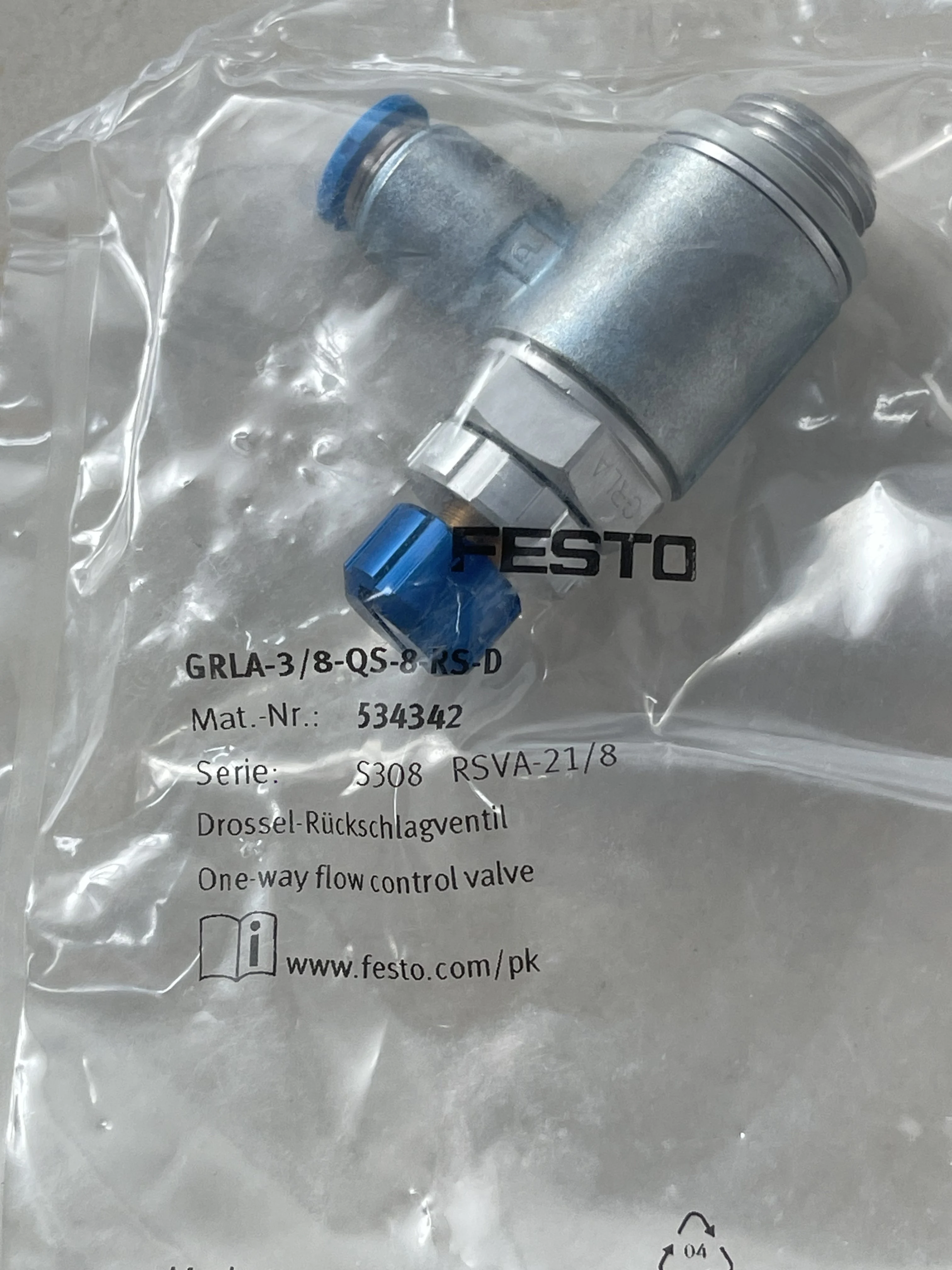 FESTO One-Way Flow Control Valve GRLA-3/8-QS-8-RS-D FESTO One-Way Flow Control Valve GRLA-3/8-QS-8-RS-D