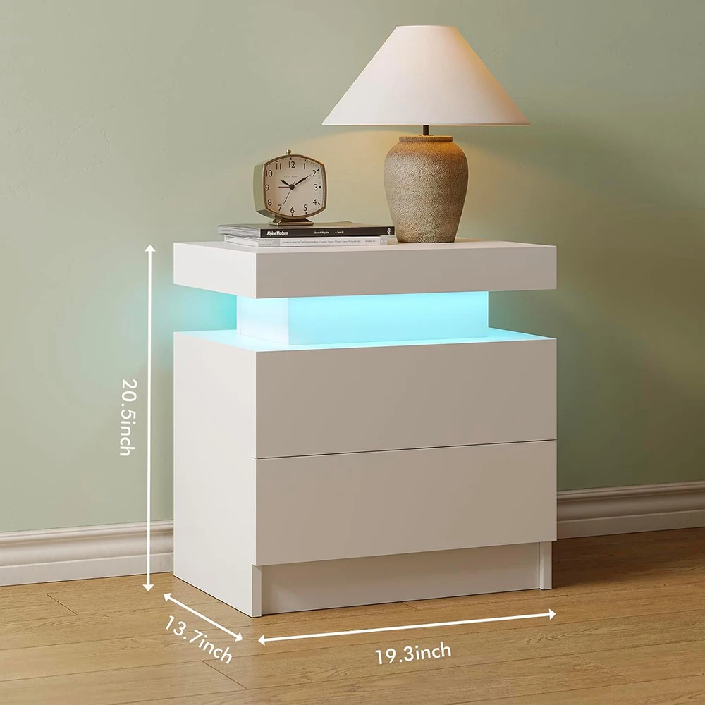 product white led modern nightstand with 2 wood drawers bedside cabinet for bedroom panel design-5