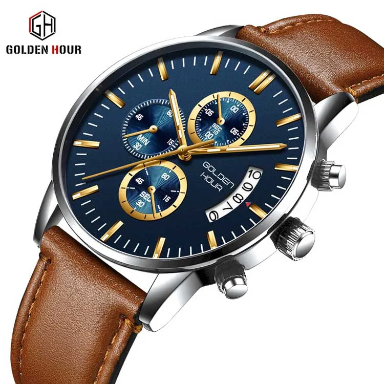 GOLDEN HOUR GH125-L fashion Brown unisex quartz watch vive PU leather band 3 dials calender Concise outdoor watch company