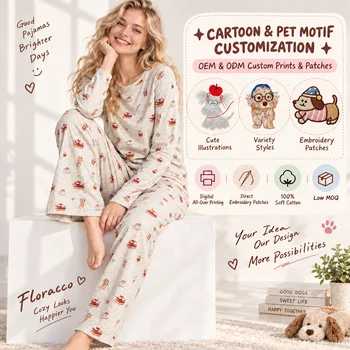 Womens Polyester Spandex Pajama Set Long Sleeve Round Neck Allover Print Lounge Wear Sleepwear Autumn Winter