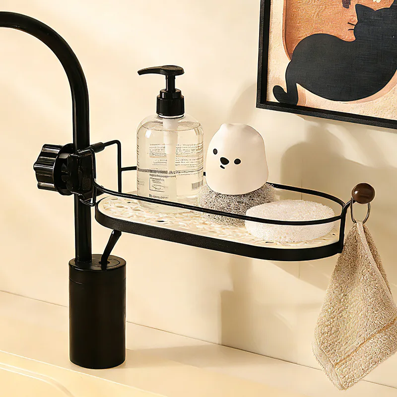 Kitchen Faucet Drain Rack-Household Sink Storage with Sponge and Wipe Holder