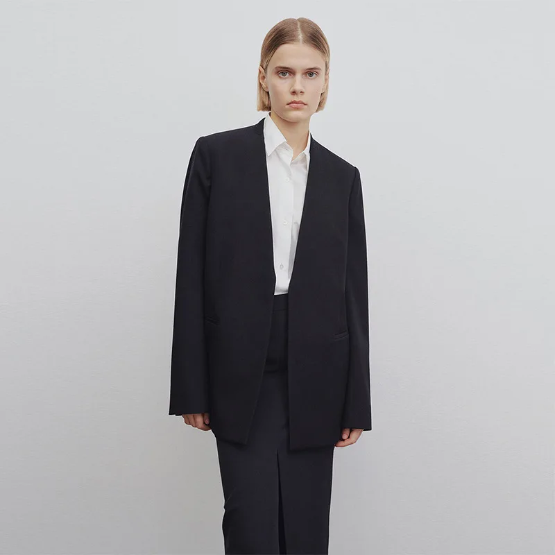 Wool Blended Blazer for Women V-neck Collarless Loose-Fit Minimalist Classic Style Spring Autumn Jacket Single Button Closure 3D