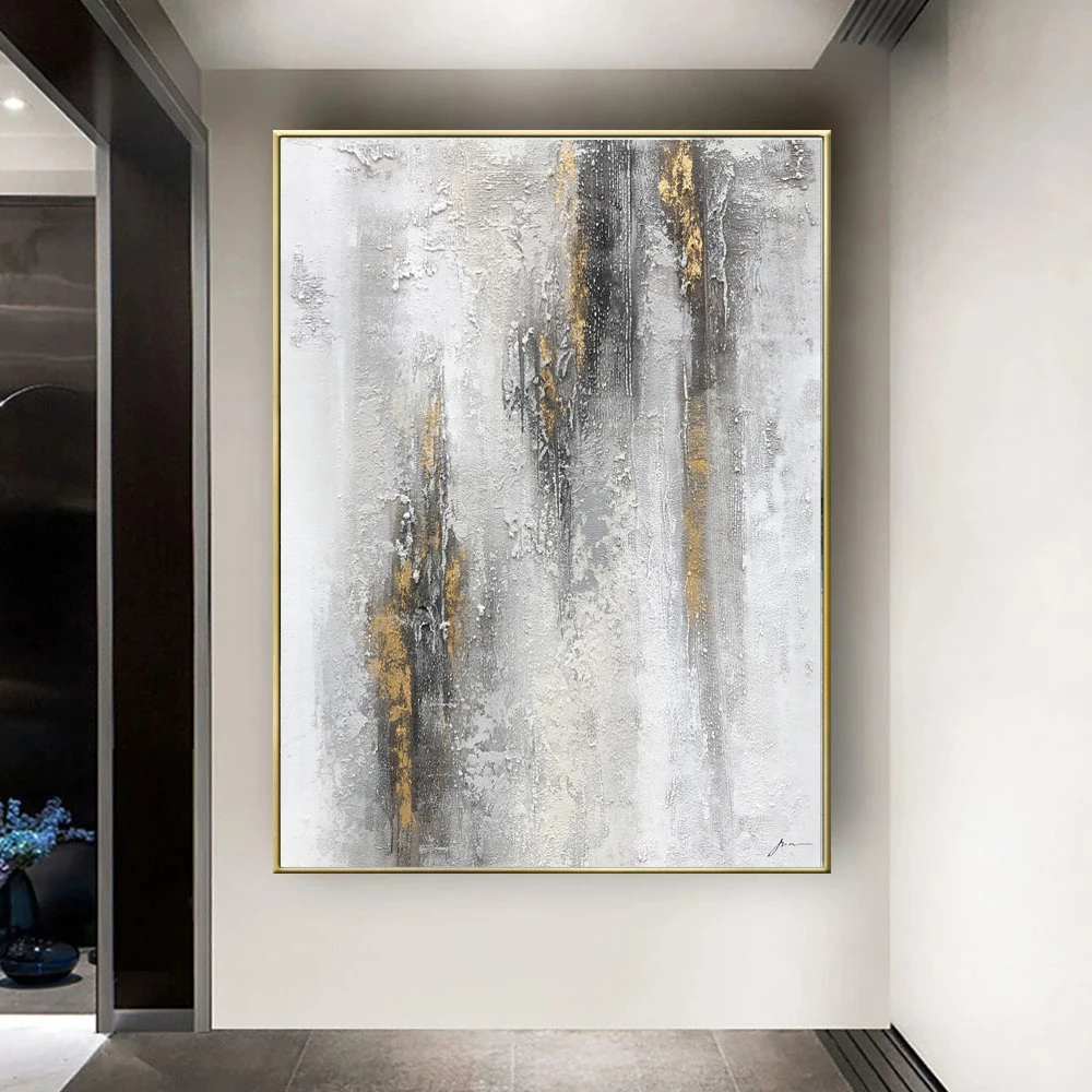 High Quality Canvas Textured Abstract Oil Painting Acrylic Gray White Art Decoration Wall