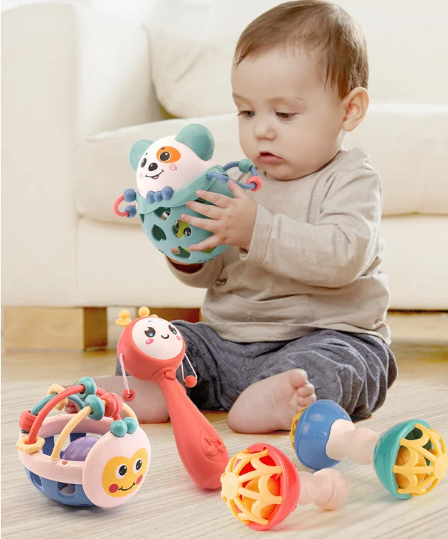 Amazon hot sell baby belling musical plastic silicone colorful hand baby rattles for kids
