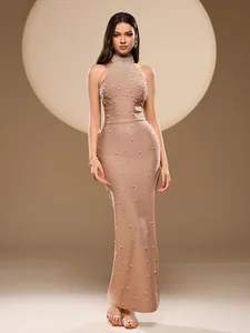 New Women Sexy Halter Pearl Beads Bodycon Bandage Maxi Dress Off Shoulder Elegant Party Luxury Birthday Wedding Dresses