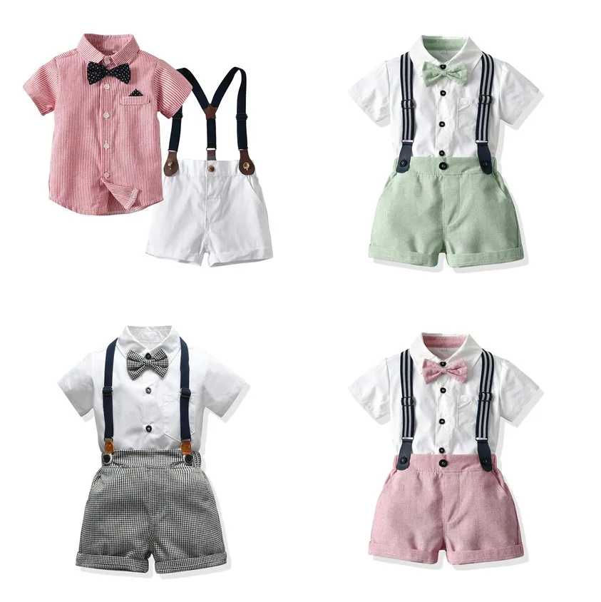 Summer Kids Boys Clothes Set With Bow Tie Shirt+pants Gentleman Party