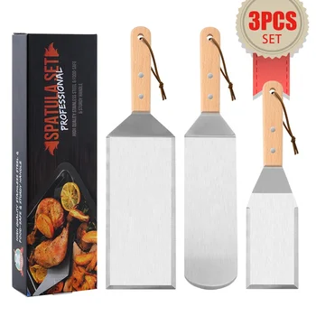 Griddle Accessories 3-Piece Bbq Turner Set Stainless Steel Flat Wood Handle Barbecue Grill Griddle Frying Big Burger Spatula