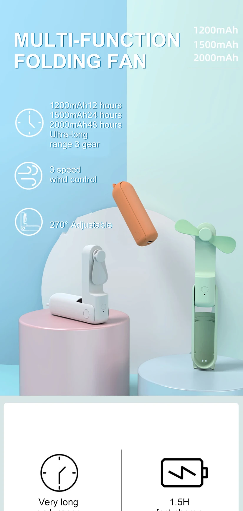 Custom Design Rechargeable Portable Electric Fan Modern Commercial Retractable Storage Electric