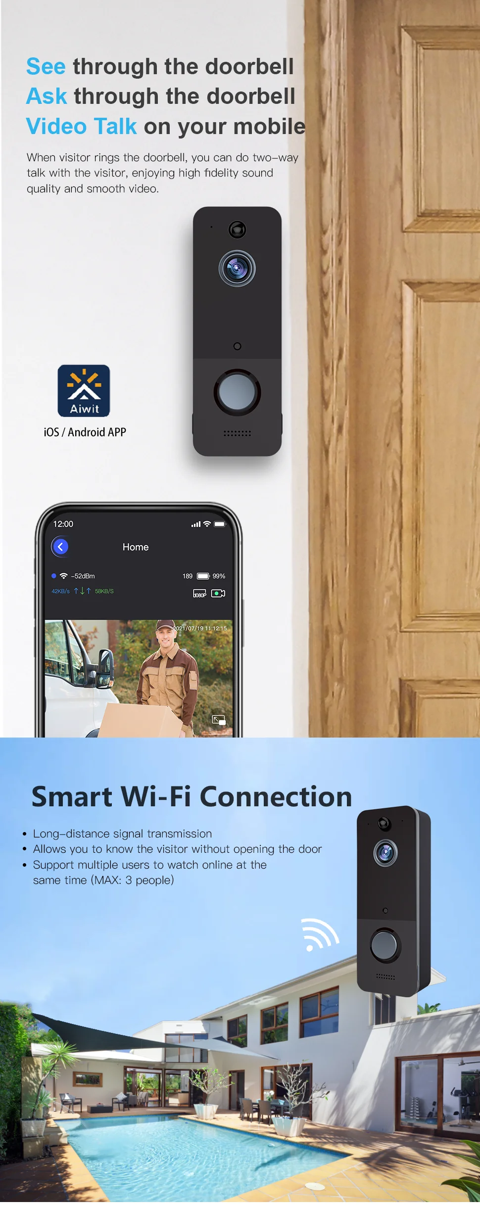 Wifi Doorbell Free Chime Battery Video Door Bell Kit 2.4ghz