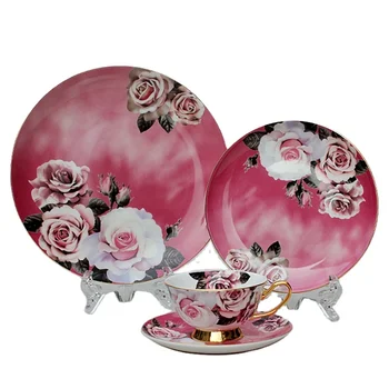 Hot selling 4 pieces pink decal sublimation gold rim bone china Ceramic decals porcelain dinner set