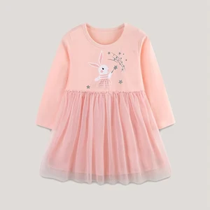 2026 New Autumn Children Girls' Long Sleeve Dresses Sweet Cartoon Pattern O-Neck Collar Lace Decoration Mesh Skirts Ribbons