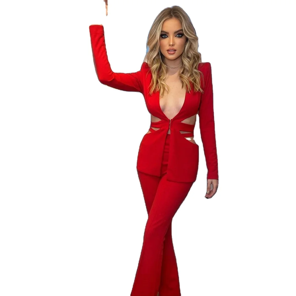 New Design Two Piece Women Blazer and Pants Set Sexy Hollow Out Ladies  Trouser Suits Deep V Neck Pants Suit for Women Formal