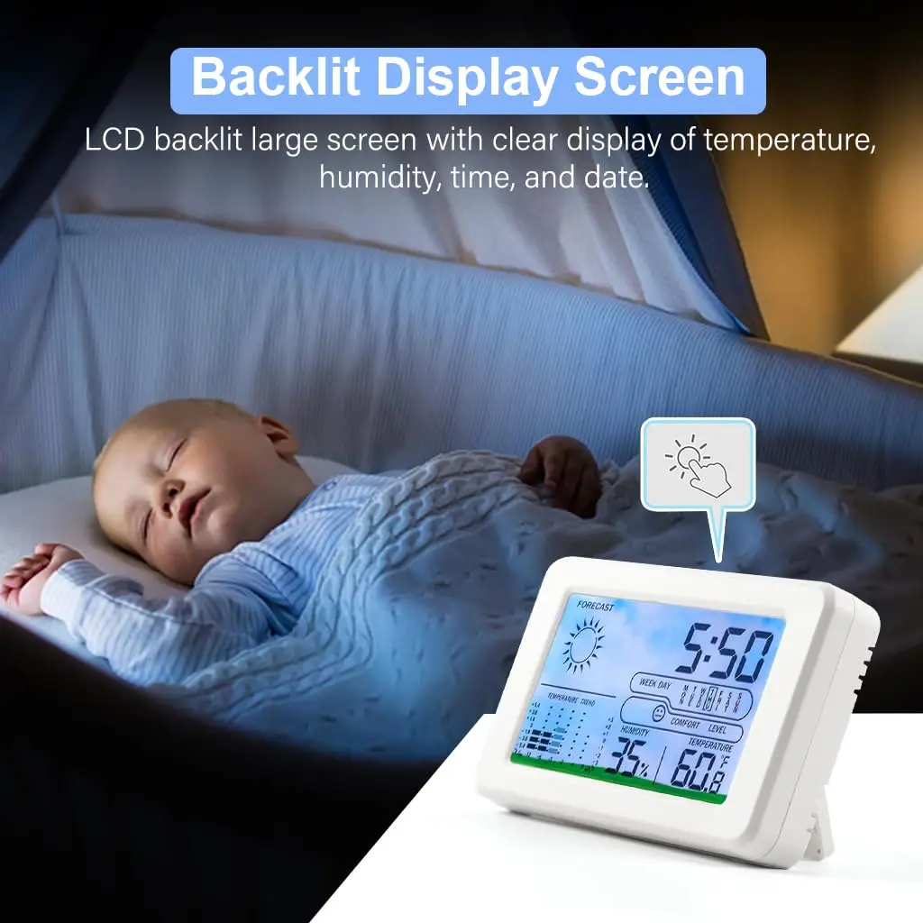 2024 Popular Thermometer Hygrometer Backlight LCD Digital Temperature Battery Operated Desk Alarm Clock with Weather Station