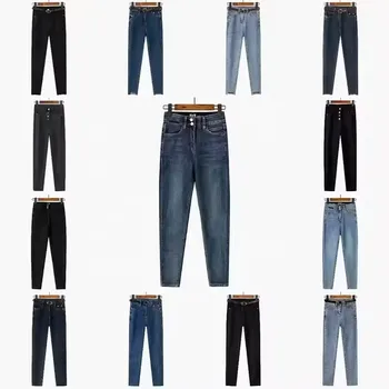 Women summer new fashion series high waist straight leg long jeans retro button pocket casual chic women jeans