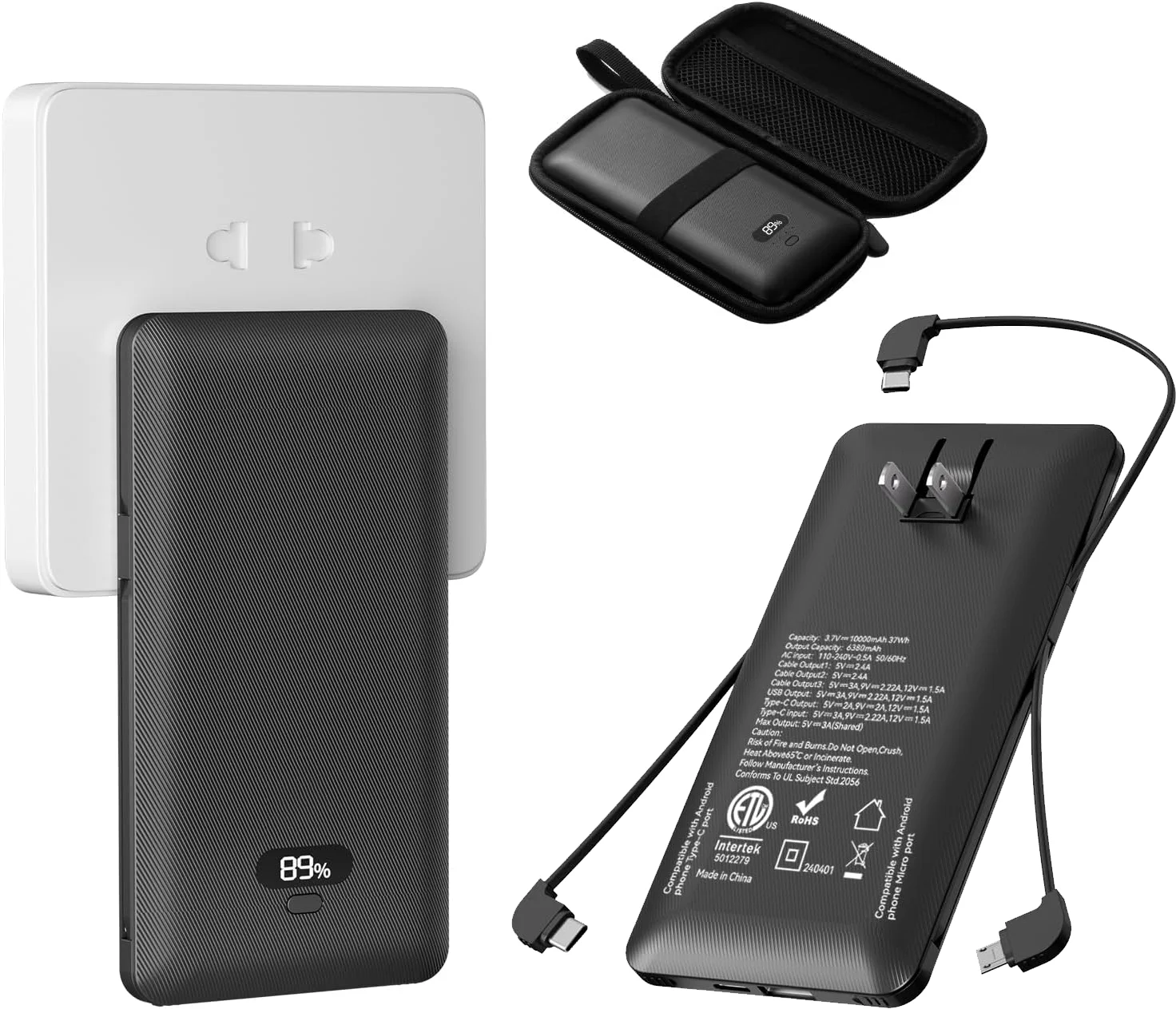 PD20W Power Bank 10000mAh Built-in 3 Cables & USB-A+C Ports, with AC Plug Portable Charger Digital Display Business Gift PB180P