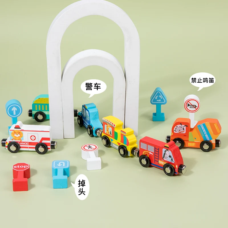 Wooden Four Wheeled Toy Car Traffic Train Road Signs Children's