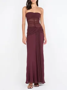 New Sexy Long Dress Women Burgundy Sleeveless Strapless Tulle Crisscross Pleated Solid Color Dress