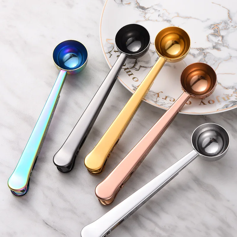 Golden Multifunction Measuring Spoon Metal Milk Powder Coffee Scoop Stainless Steel Coffee Spoon With Bag Clip for Coffee Tea