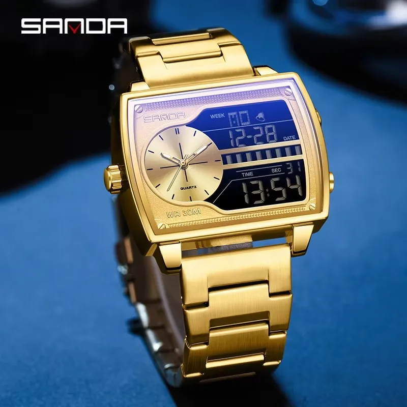 SANDA 6163 Men's Waterproof Quartz Digital Watch - Dual Display