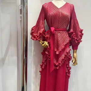 Solid-color V-neck Women's Large-size Dress Manufacturer - Miyake Pleated Dress in Stock