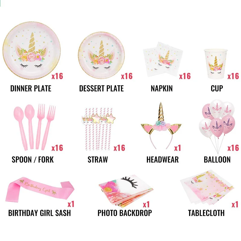 Wholesale Disposable Paper Plates Cups Napkins Straws Birthday Decorations  Bunting Unicorn Party Supplies Set Tableware Kit From m.