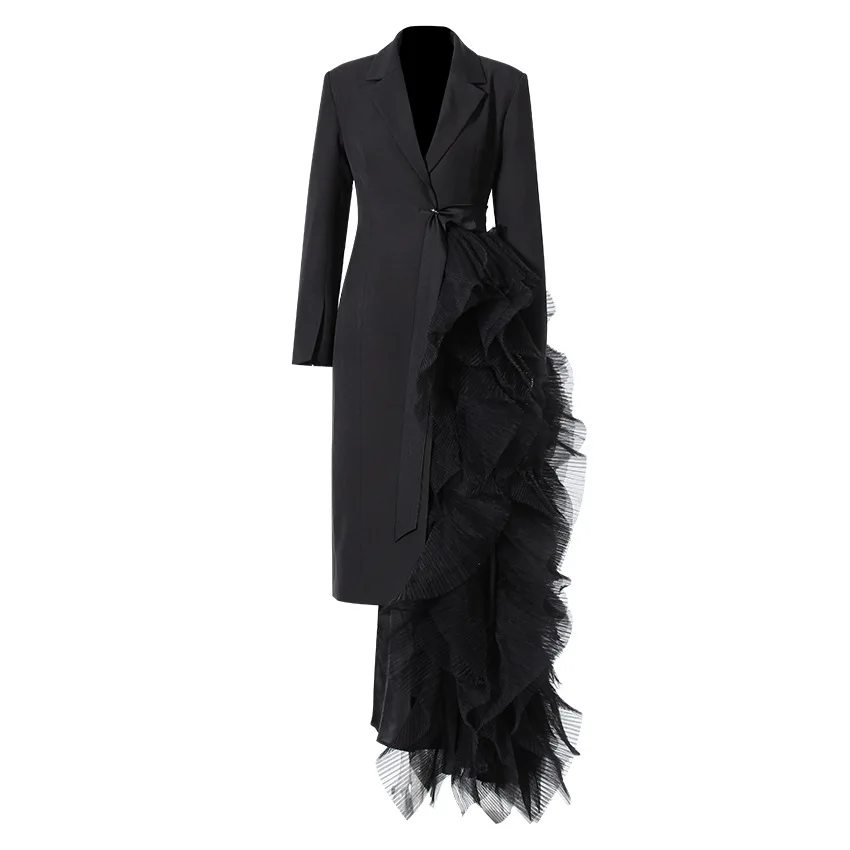 Wholesale Asymmetric blazer dress tulle ruffle hem elegant coat dress fashion long jacket dress chic tatement outfit party evening high fashion