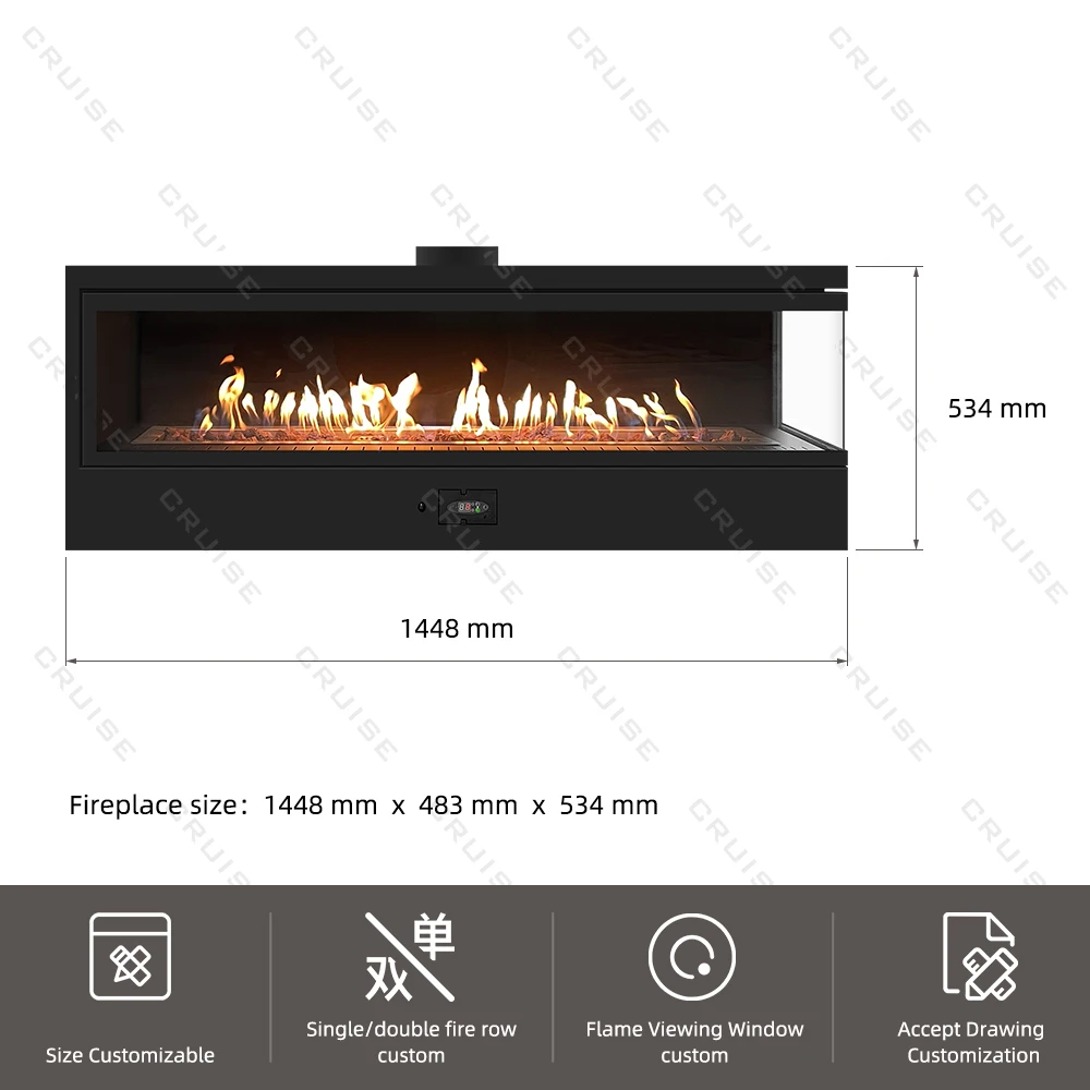 CRUISE Intelligent Remote Control 915x483x534mm Double Row Flame Double-Sided Transparent to See Fire Decorating Gas Fireplace