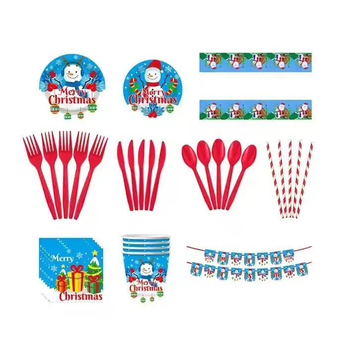 Blue Christmas Stamping Set 10 Piece Plastic Party Tableware For Festive Celebrations